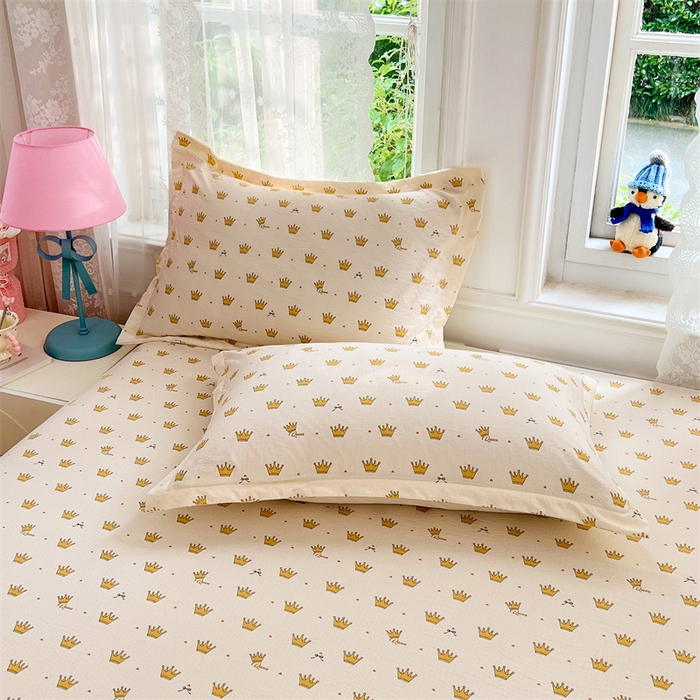 91家纺网 家纺一手货源 找家纺 梦舒羽 2025新款云感双层纱印花床笠宿舍纯色床垫保护套三件套 小皇冠