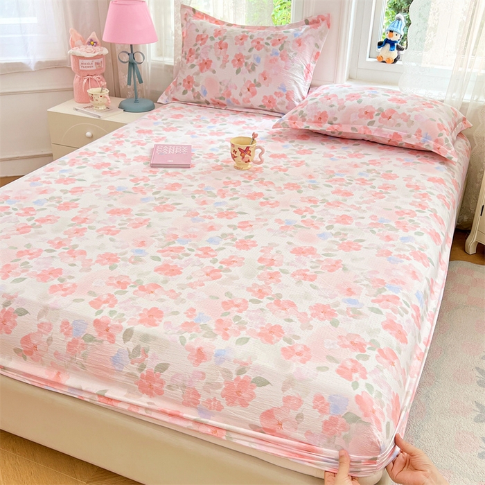 91家纺网 家纺一手货源 找家纺 梦舒羽 2025新款云感双层纱印花床笠宿舍纯色床垫保护套三件套 倾城之恋