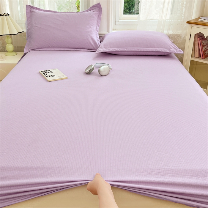91家纺网 家纺一手货源 找家纺 梦舒羽 2025新款云感双层纱印花床笠宿舍纯色床垫保护套三件套 暮山紫