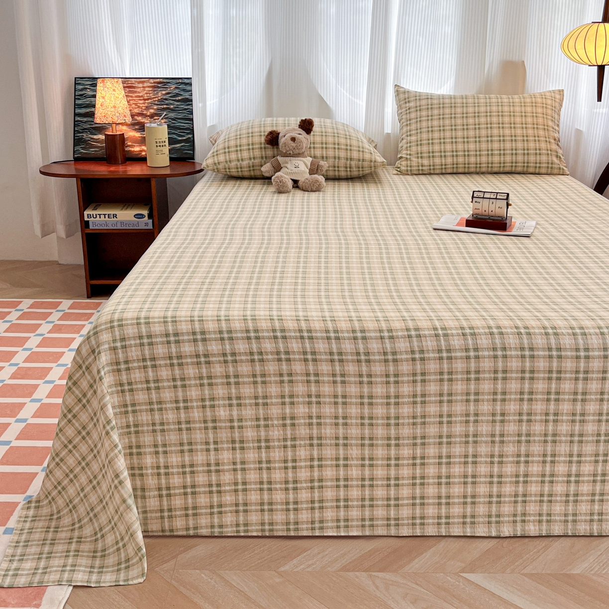 91家纺网 家纺一手货源 找家纺 韩巢家纺 2025新款双层纱格子复古风床单人学生宿舍单床单 床单单件 松野