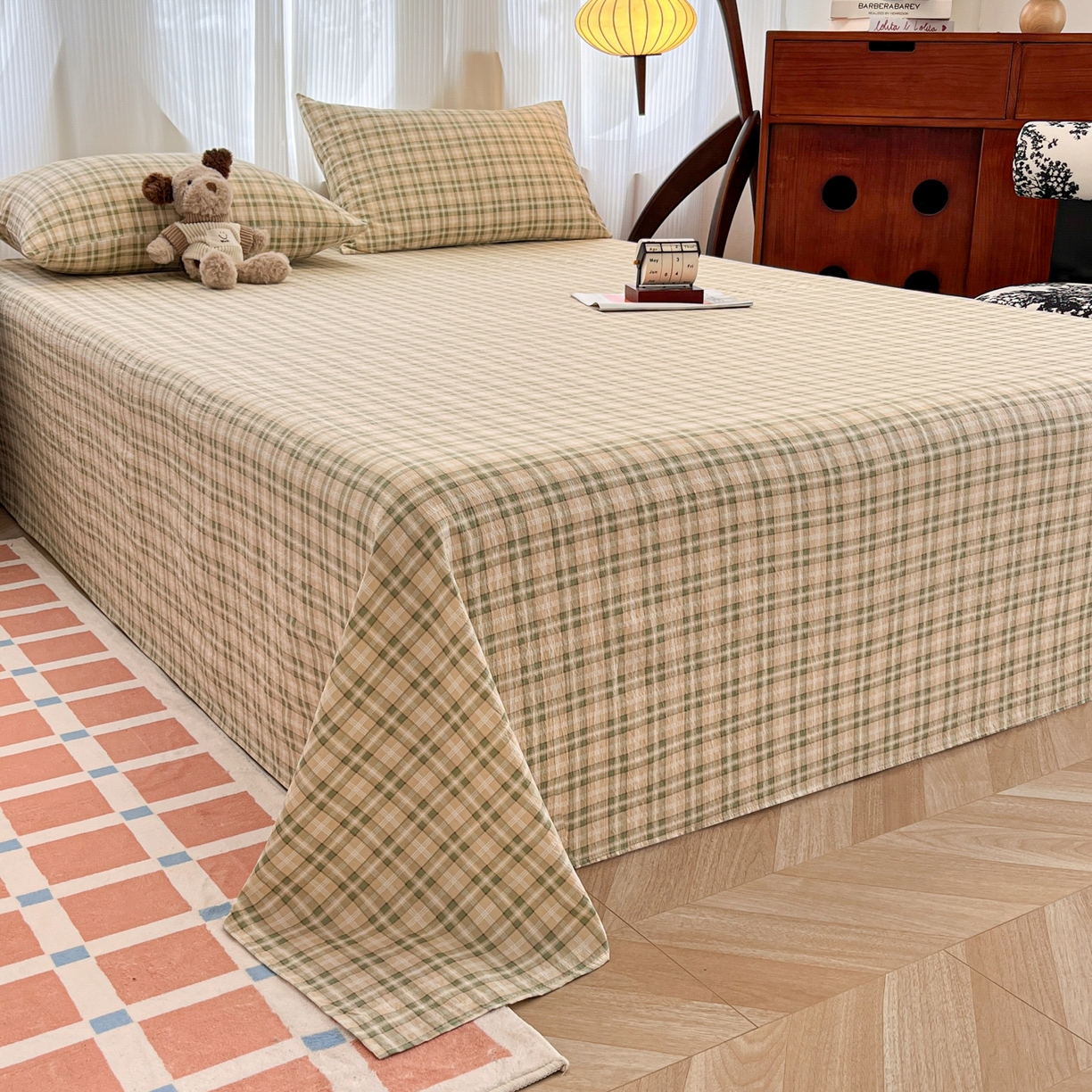 91家纺网 家纺一手货源 找家纺 韩巢家纺 2025新款双层纱格子复古风床单人学生宿舍单床单 床单单件 松野