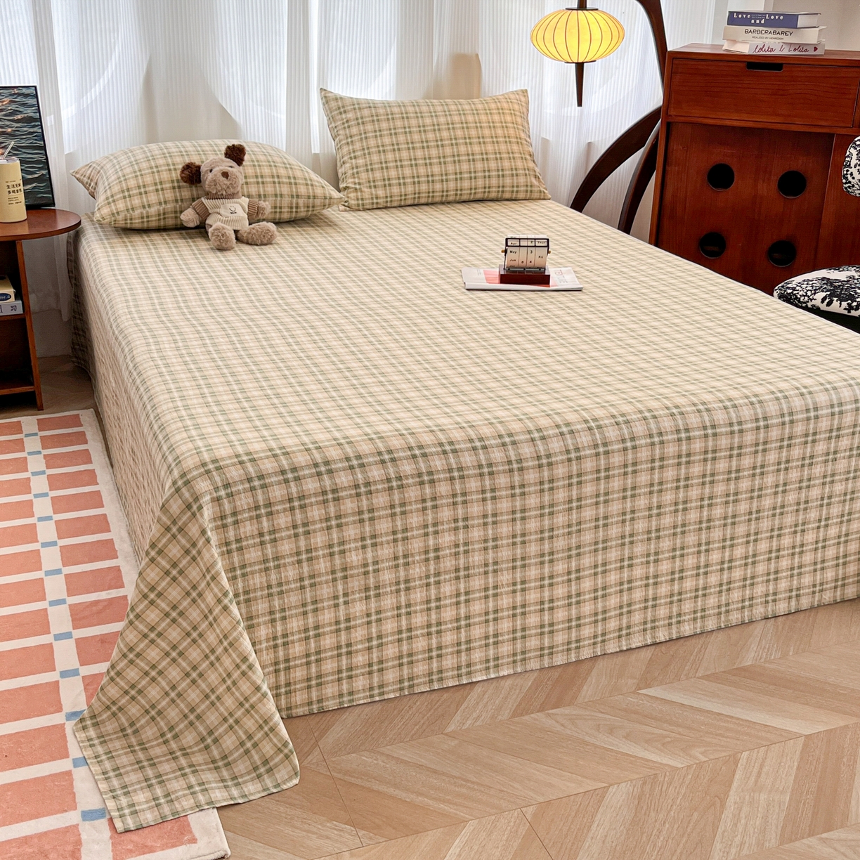 91家纺网 家纺一手货源 找家纺 韩巢家纺 2025新款双层纱格子复古风床单人学生宿舍单床单 床单单件 松野