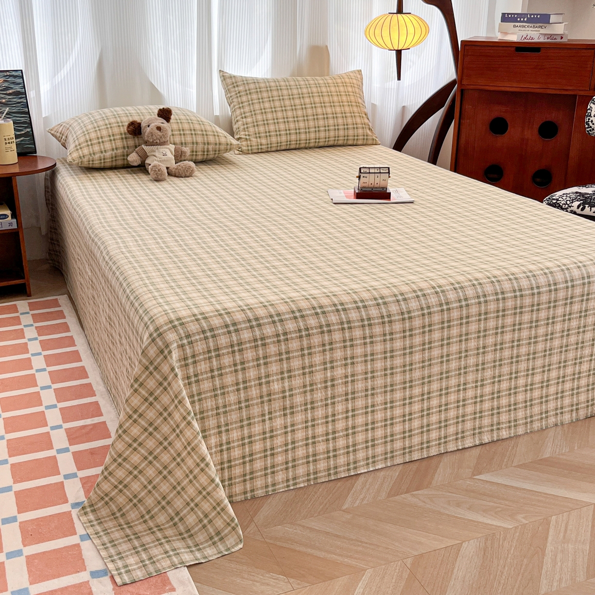 91家纺网 家纺一手货源 找家纺 韩巢家纺 2025新款双层纱格子复古风床单人学生宿舍单床单 床单单件 松野