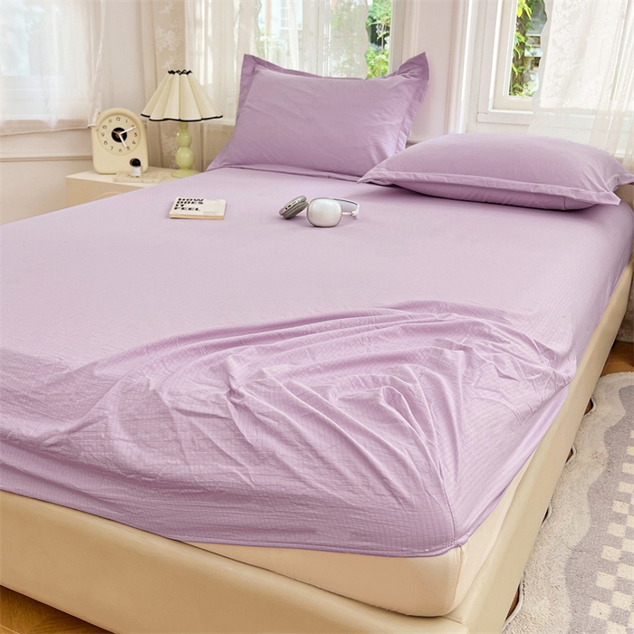 91家纺网 家纺一手货源 找家纺 梦舒羽 2025新款云感双层纱印花床笠宿舍纯色床垫保护套三件套 暮山紫