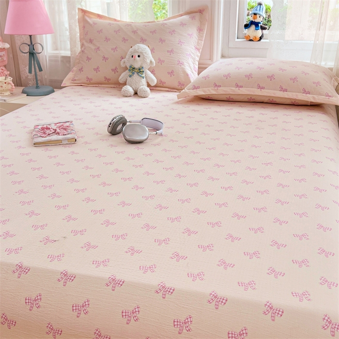 91家纺网 家纺一手货源 找家纺 梦舒羽 2025新款云感双层纱印花床笠宿舍纯色床垫保护套三件套 少女物语