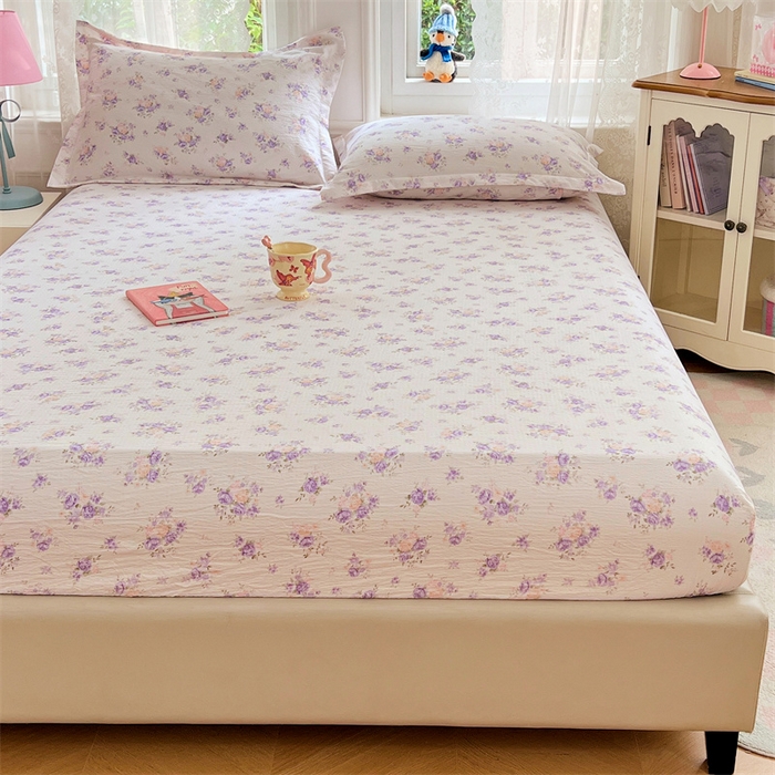 91家纺网 家纺一手货源 找家纺 梦舒羽 2025新款云感双层纱印花床笠宿舍纯色床垫保护套三件套 紫薇花园