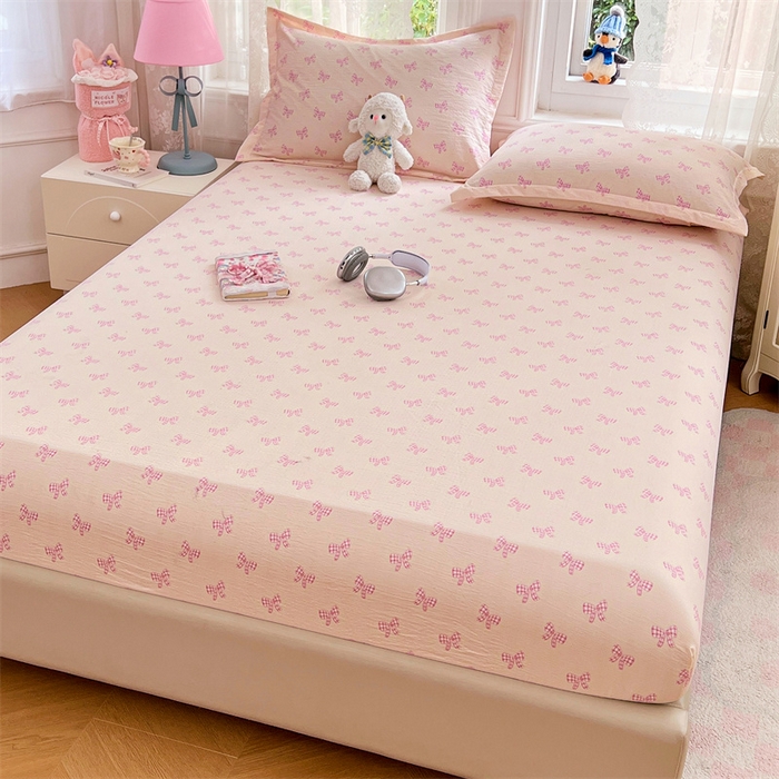 91家纺网 家纺一手货源 找家纺 梦舒羽 2025新款云感双层纱印花床笠宿舍纯色床垫保护套三件套 少女物语