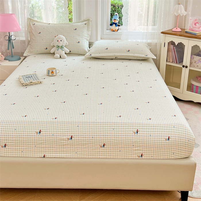 91家纺网 家纺一手货源 找家纺 梦舒羽 2025新款云感双层纱印花床笠宿舍纯色床垫保护套三件套 快乐逐梦