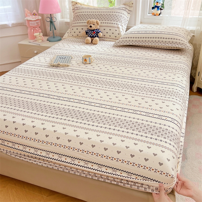 91家纺网 家纺一手货源 找家纺 梦舒羽 2025新款云感双层纱印花床笠宿舍纯色床垫保护套三件套 遇见浪漫