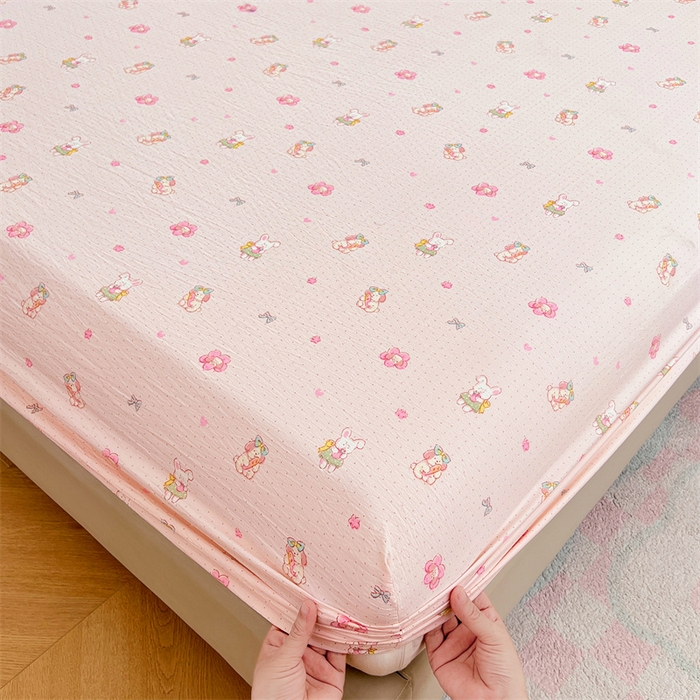 梦舒羽 2025新款云感双层纱印花床笠宿舍纯色床垫保护套三件套 花田小兔