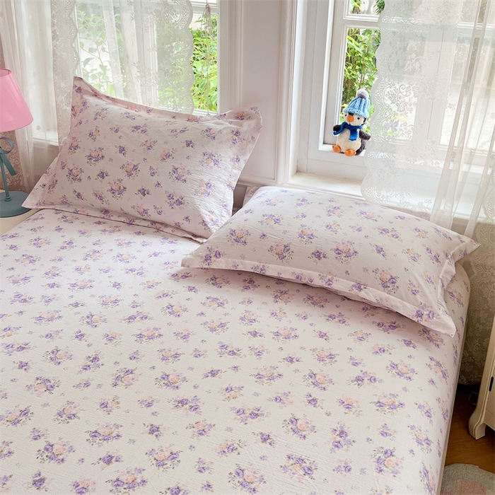 91家纺网 家纺一手货源 找家纺 梦舒羽 2025新款云感双层纱印花床笠宿舍纯色床垫保护套三件套 紫薇花园