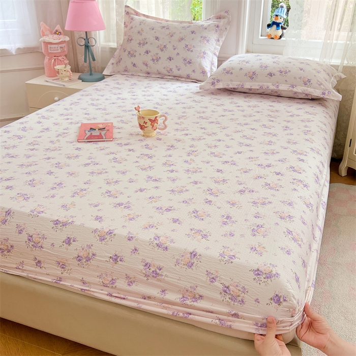 91家纺网 家纺一手货源 找家纺 梦舒羽 2025新款云感双层纱印花床笠宿舍纯色床垫保护套三件套 紫薇花园
