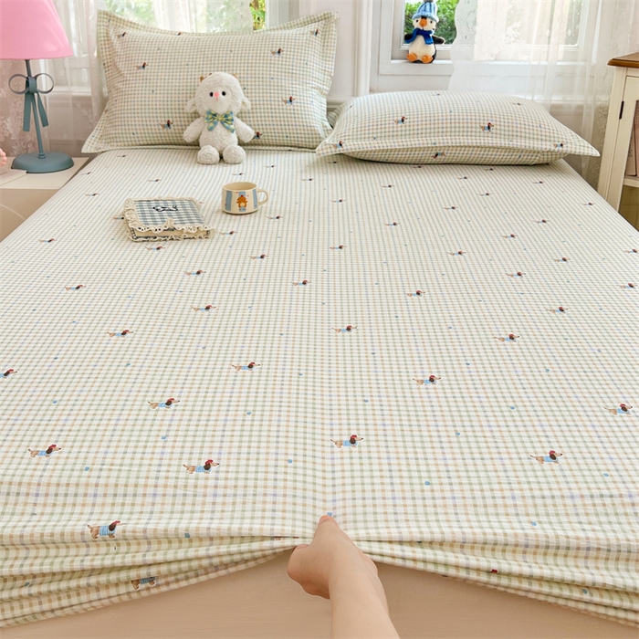 91家纺网 家纺一手货源 找家纺 梦舒羽 2025新款云感双层纱印花床笠宿舍纯色床垫保护套三件套 快乐逐梦