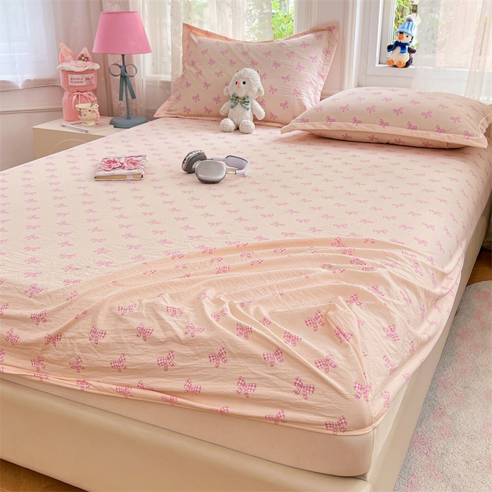 91家纺网 家纺一手货源 找家纺 梦舒羽 2025新款云感双层纱印花床笠宿舍纯色床垫保护套三件套 少女物语