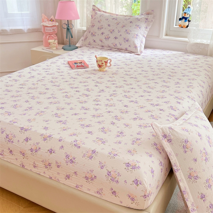 91家纺网 家纺一手货源 找家纺 梦舒羽 2025新款云感双层纱印花床笠宿舍纯色床垫保护套三件套 紫薇花园