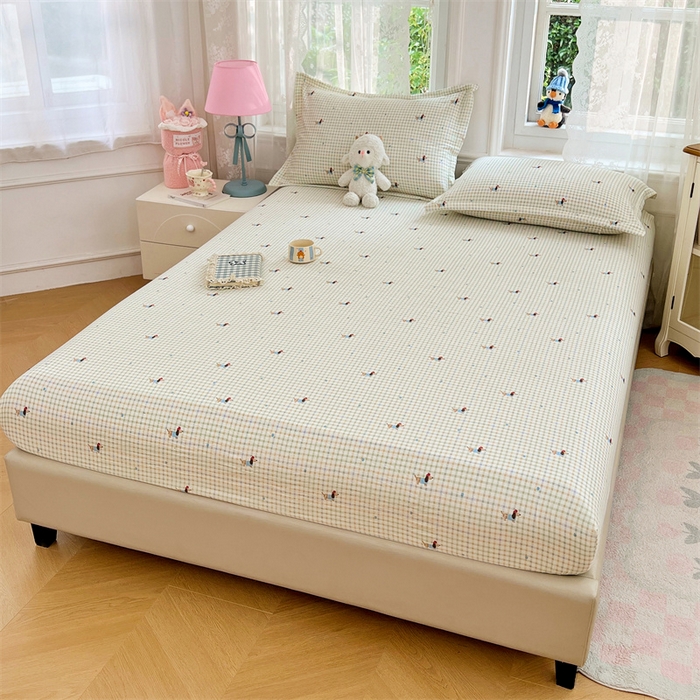 91家纺网 家纺一手货源 找家纺 梦舒羽 2025新款云感双层纱印花床笠宿舍纯色床垫保护套三件套 快乐逐梦