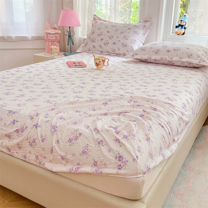91家纺网 家纺一手货源 找家纺 梦舒羽 2025新款云感双层纱印花床笠宿舍纯色床垫保护套三件套 紫薇花园