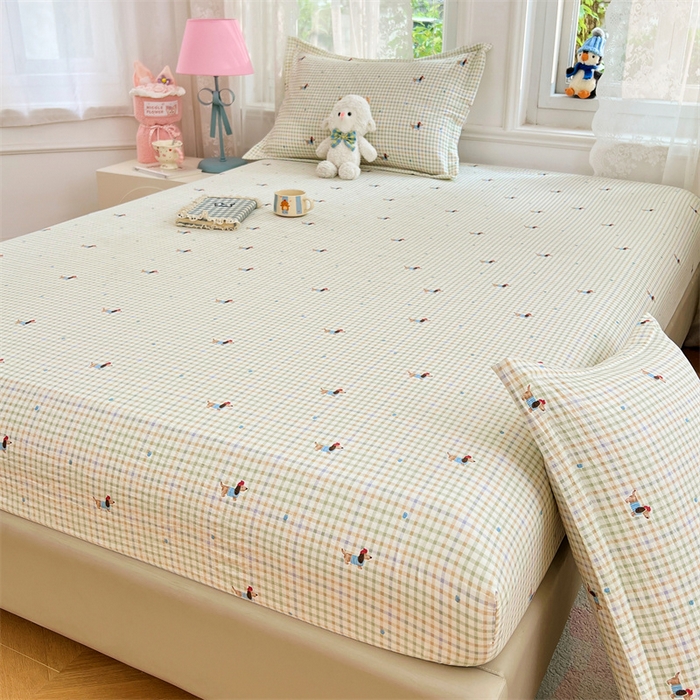 91家纺网 家纺一手货源 找家纺 梦舒羽 2025新款云感双层纱印花床笠宿舍纯色床垫保护套三件套 快乐逐梦