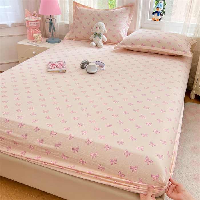 91家纺网 家纺一手货源 找家纺 梦舒羽 2025新款云感双层纱印花床笠宿舍纯色床垫保护套三件套 少女物语