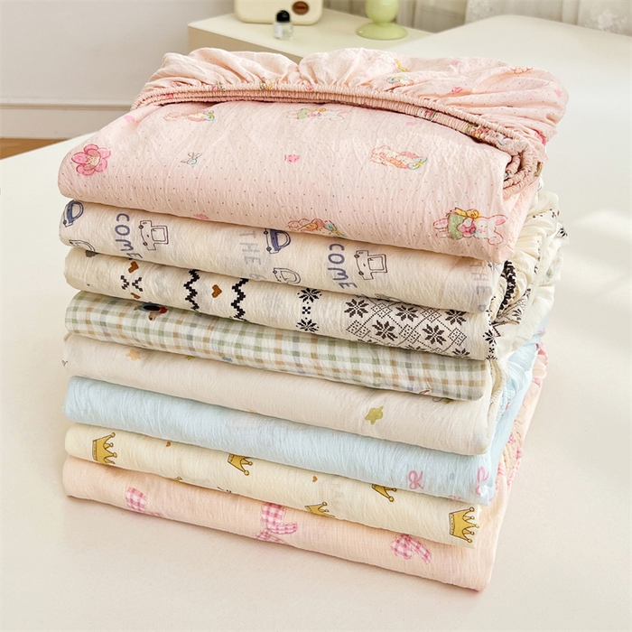 91家纺网 家纺一手货源 找家纺 梦舒羽 2025新款云感双层纱印花床笠宿舍纯色床垫保护套三件套 组合图仅供参考