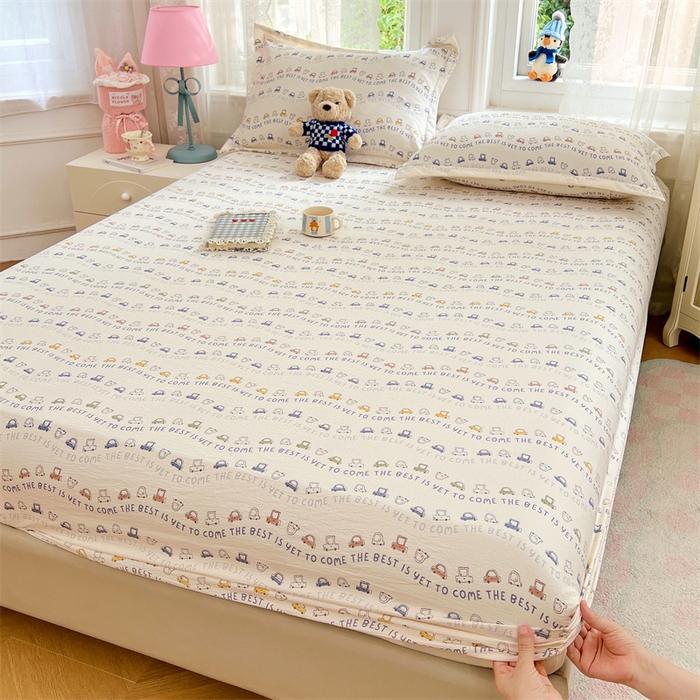 91家纺网 家纺一手货源 找家纺 梦舒羽 2025新款云感双层纱印花床笠宿舍纯色床垫保护套三件套 汽车世界