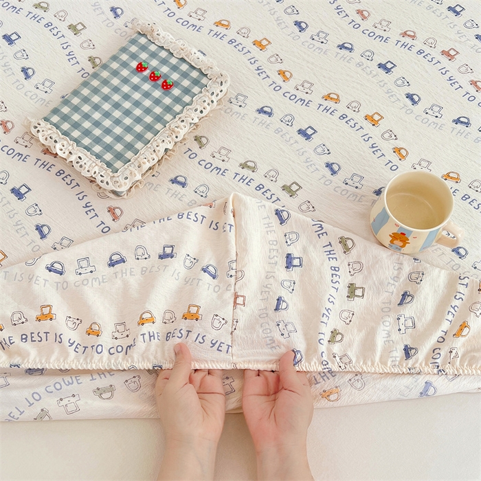 91家纺网 家纺一手货源 找家纺 梦舒羽 2025新款云感双层纱印花床笠宿舍纯色床垫保护套三件套 汽车世界