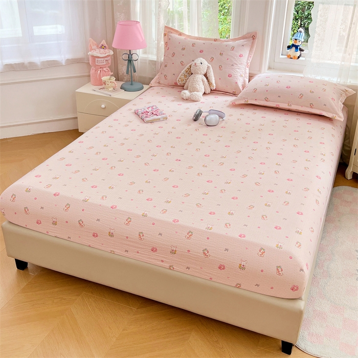 91家纺网 家纺一手货源 找家纺 梦舒羽 2025新款云感双层纱印花床笠宿舍纯色床垫保护套三件套 花田小兔