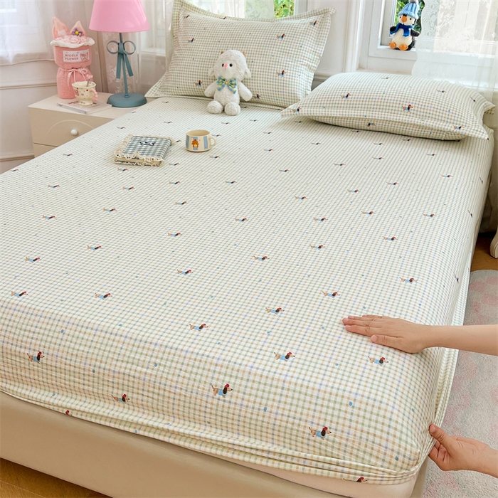 91家纺网 家纺一手货源 找家纺 梦舒羽 2025新款云感双层纱印花床笠宿舍纯色床垫保护套三件套 快乐逐梦