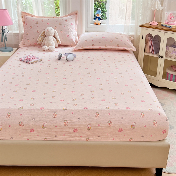 91家纺网 家纺一手货源 找家纺 梦舒羽 2025新款云感双层纱印花床笠宿舍纯色床垫保护套三件套 花田小兔