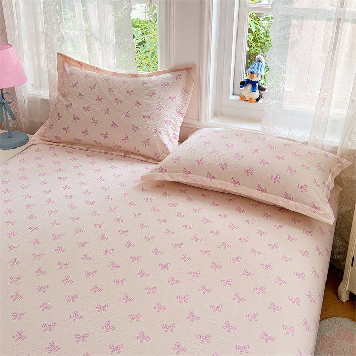 91家纺网 家纺一手货源 找家纺 梦舒羽 2025新款云感双层纱印花床笠宿舍纯色床垫保护套三件套 少女物语