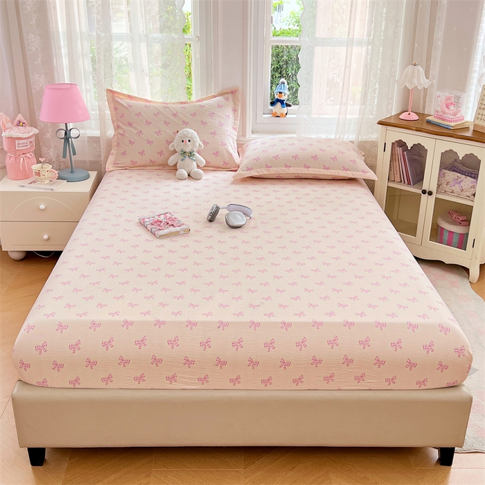 91家纺网 家纺一手货源 找家纺 梦舒羽 2025新款云感双层纱印花床笠宿舍纯色床垫保护套三件套 少女物语