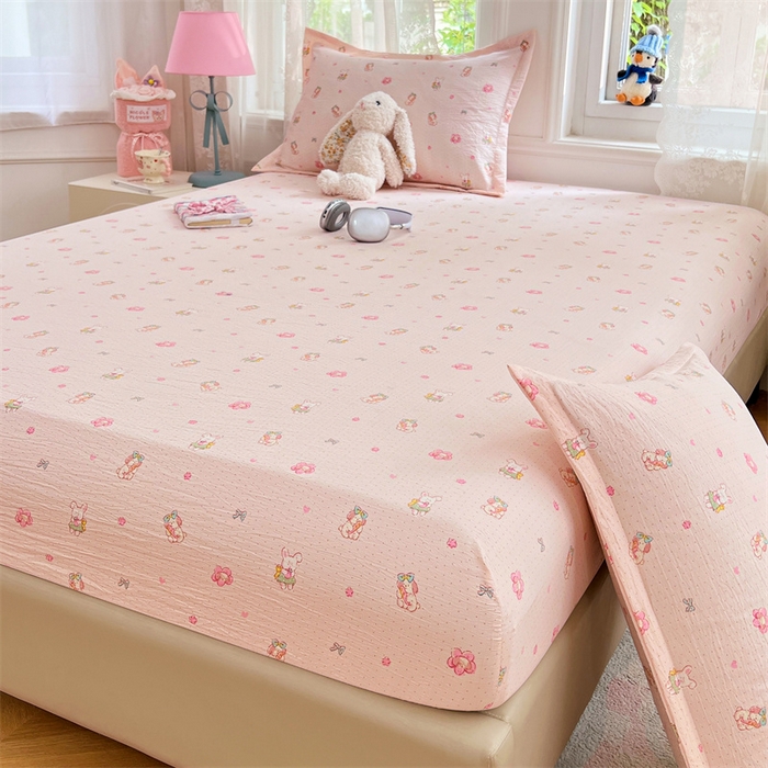 91家纺网 家纺一手货源 找家纺 梦舒羽 2025新款云感双层纱印花床笠宿舍纯色床垫保护套三件套 花田小兔