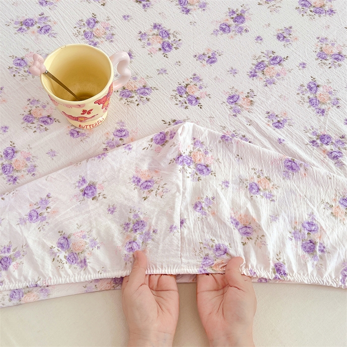 91家纺网 家纺一手货源 找家纺 梦舒羽 2025新款云感双层纱印花床笠宿舍纯色床垫保护套三件套 紫薇花园