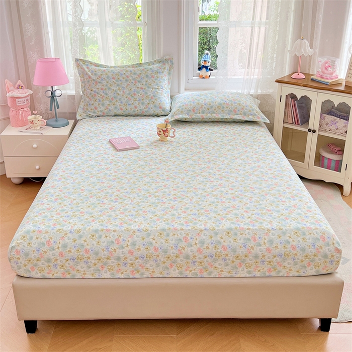 91家纺网 家纺一手货源 找家纺 梦舒羽 2025新款云感双层纱印花床笠宿舍纯色床垫保护套三件套 春日初见