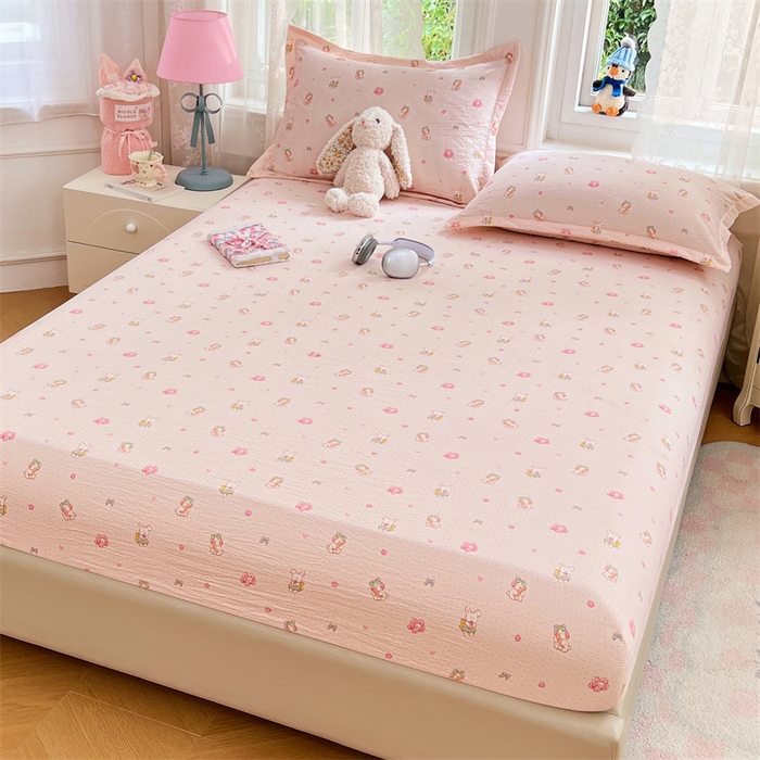 91家纺网 家纺一手货源 找家纺 梦舒羽 2025新款云感双层纱印花床笠宿舍纯色床垫保护套三件套 花田小兔