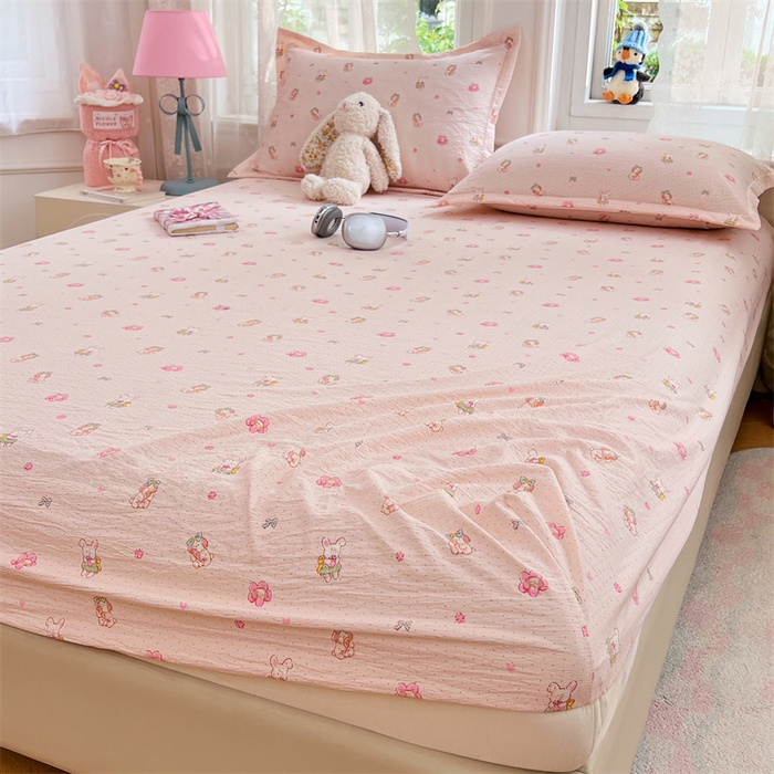 91家纺网 家纺一手货源 找家纺 梦舒羽 2025新款云感双层纱印花床笠宿舍纯色床垫保护套三件套 花田小兔