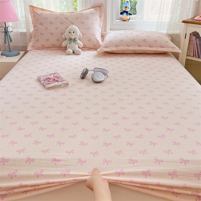 91家纺网 家纺一手货源 找家纺 梦舒羽 2025新款云感双层纱印花床笠宿舍纯色床垫保护套三件套 少女物语