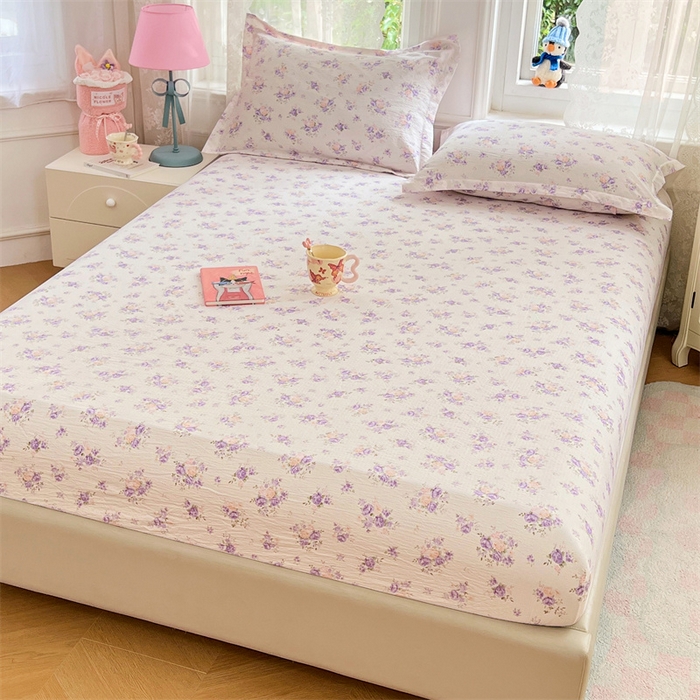 91家纺网 家纺一手货源 找家纺 梦舒羽 2025新款云感双层纱印花床笠宿舍纯色床垫保护套三件套 紫薇花园