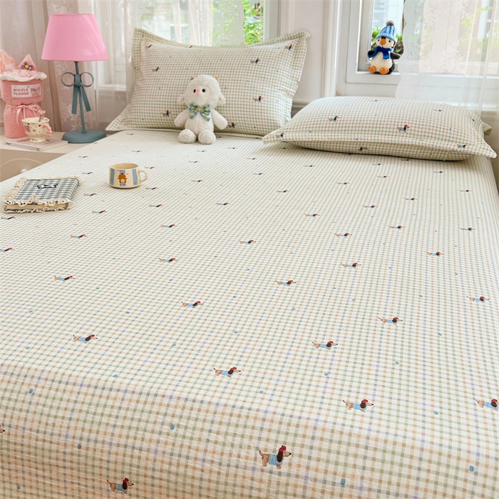 91家纺网 家纺一手货源 找家纺 梦舒羽 2025新款云感双层纱印花床笠宿舍纯色床垫保护套三件套 快乐逐梦