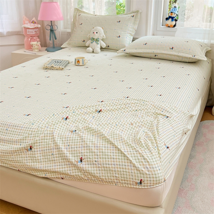 91家纺网 家纺一手货源 找家纺 梦舒羽 2025新款云感双层纱印花床笠宿舍纯色床垫保护套三件套 快乐逐梦