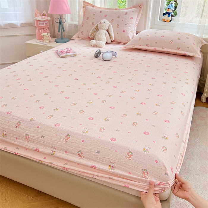 91家纺网 家纺一手货源 找家纺 梦舒羽 2025新款云感双层纱印花床笠宿舍纯色床垫保护套三件套 花田小兔