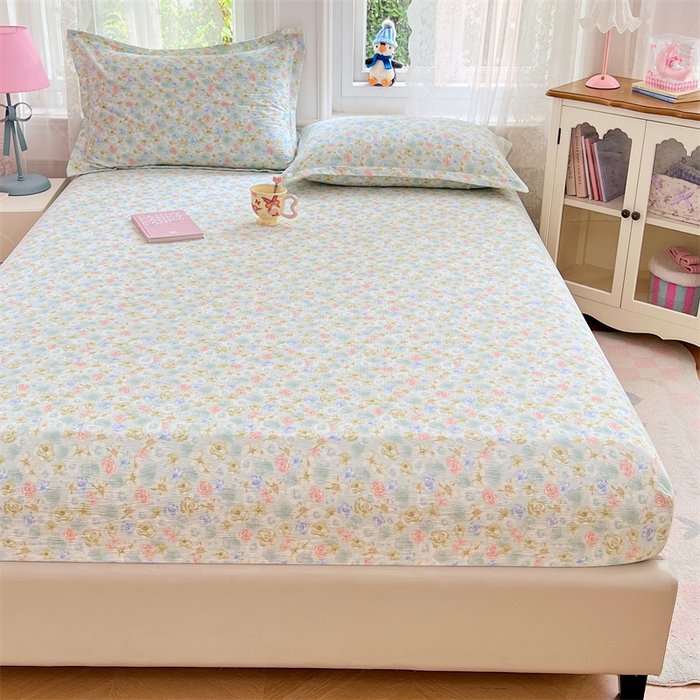 91家纺网 家纺一手货源 找家纺 梦舒羽 2025新款云感双层纱印花床笠宿舍纯色床垫保护套三件套 春日初见