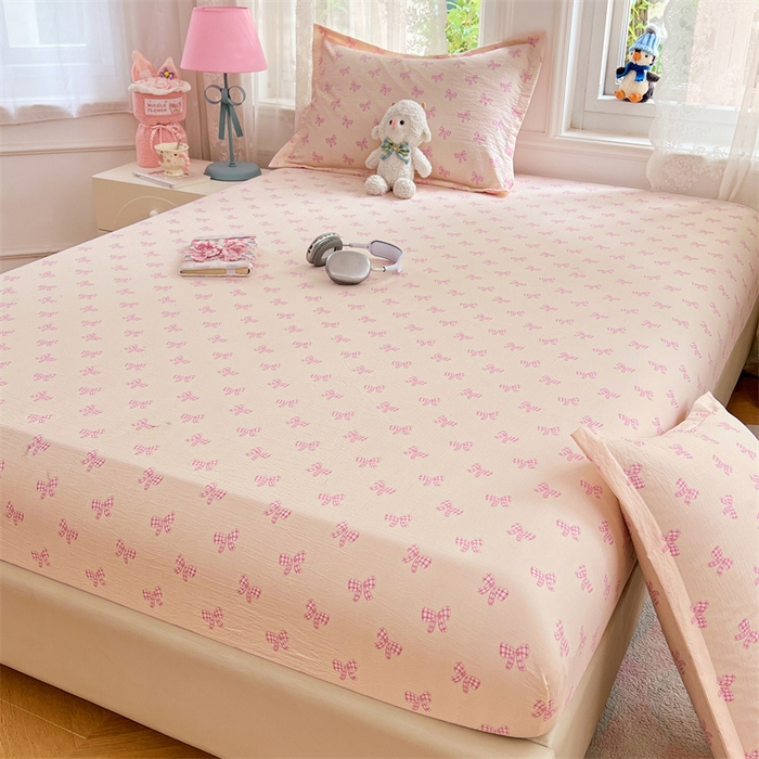 91家纺网 家纺一手货源 找家纺 梦舒羽 2025新款云感双层纱印花床笠宿舍纯色床垫保护套三件套 少女物语