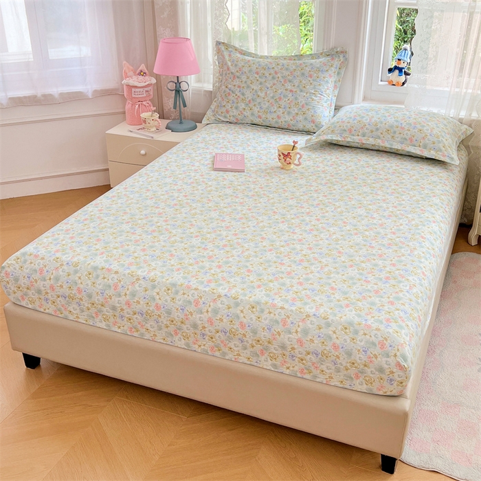 91家纺网 家纺一手货源 找家纺 梦舒羽 2025新款云感双层纱印花床笠宿舍纯色床垫保护套三件套 春日初见