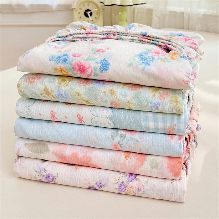 91家纺网 家纺一手货源 找家纺 梦舒羽 2025新款云感双层纱印花床笠宿舍纯色床垫保护套三件套 组合图仅供参考