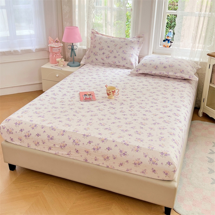 91家纺网 家纺一手货源 找家纺 梦舒羽 2025新款云感双层纱印花床笠宿舍纯色床垫保护套三件套 紫薇花园