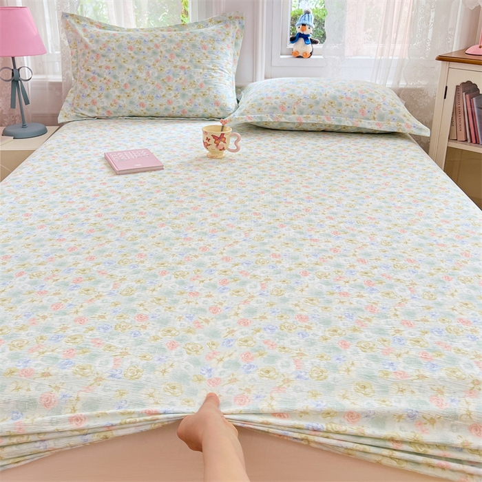 91家纺网 家纺一手货源 找家纺 梦舒羽 2025新款云感双层纱印花床笠宿舍纯色床垫保护套三件套 春日初见
