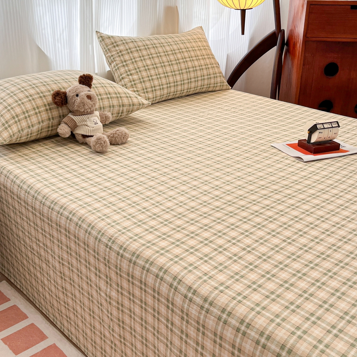 91家纺网 家纺一手货源 找家纺 韩巢家纺 2025新款双层纱格子复古风床单人学生宿舍单床单 床单单件 松野