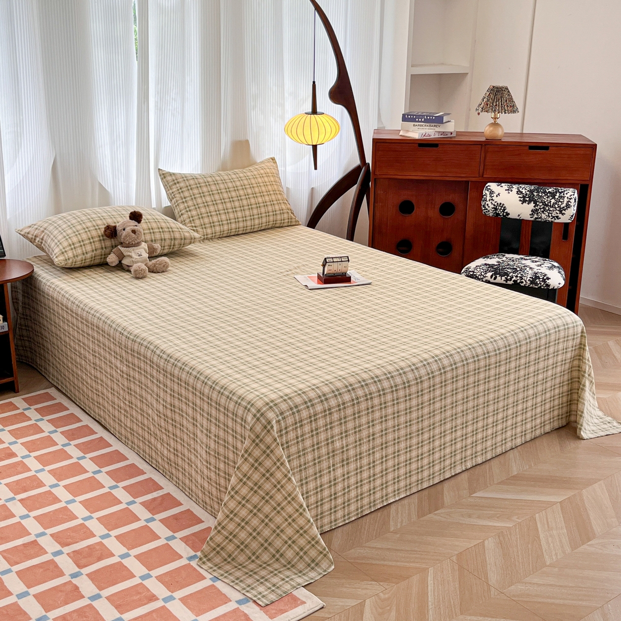 91家纺网 家纺一手货源 找家纺 韩巢家纺 2025新款双层纱格子复古风床单人学生宿舍单床单 床单单件 松野