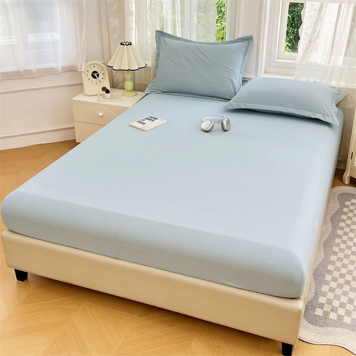 91家纺网 家纺一手货源 找家纺 梦舒羽 2025新款云感双层纱印花床笠宿舍纯色床垫保护套三件套 夏日蓝